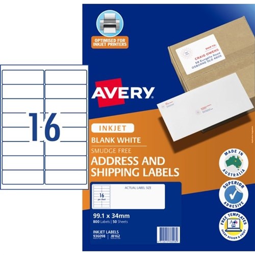 Avery Quick Peel Address Inkjet Labels J8162 16 Per Sheet 50 Sheets