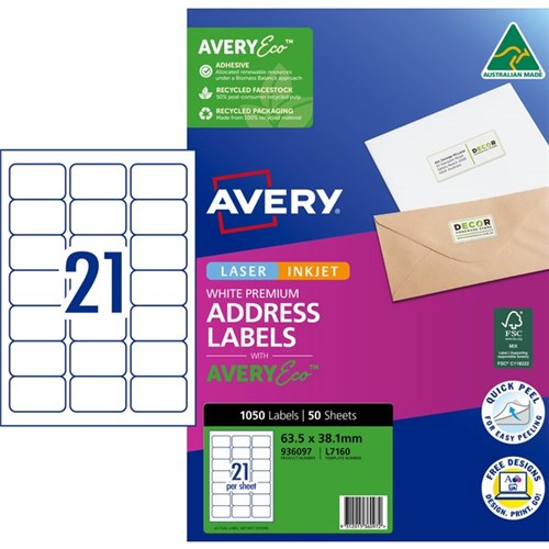 Avery Quick Peel Address Inkjet Labels L7160 21 Per Sheet 50 Sheets