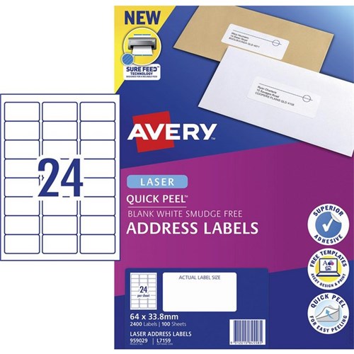 Avery Quick Peel Address Laser Labels L7159QP White 24 Per Sheet 100 Sheets