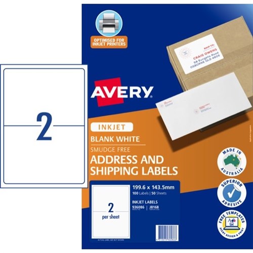 Avery Shipping Inkjet Labels J8168 White 2 Per Sheet