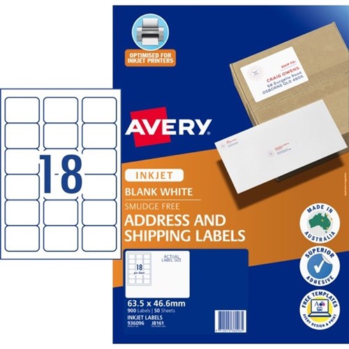 Avery Quick Peel Address Inkjet Labels J8161 18 Per Sheet 50 Sheets