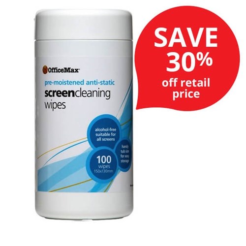 OfficeMax AntiStatic Screen Cleaning Wipes, Tub of 100 OfficeMax NZ