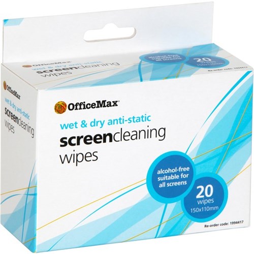 OfficeMax Wet & Dry Screen Anti-Static Wipes, Pack of 20