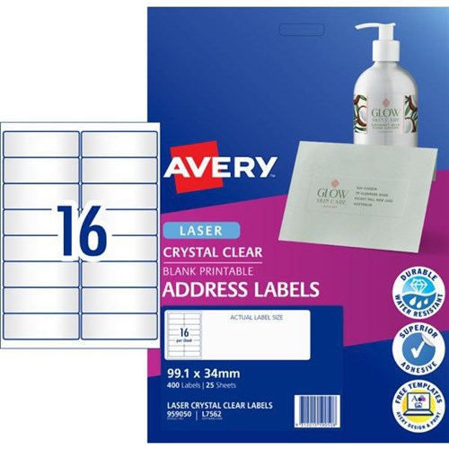 Avery Crystal Clear Address Laser Labels L7562 Clear 16 Per Sheet