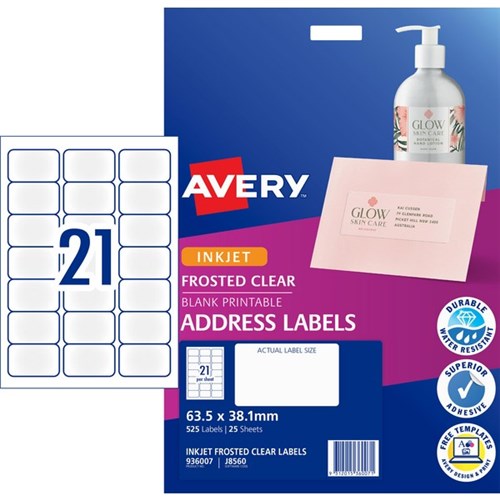 Avery Address Inkjet Labels J8560 Frosted Clear 21 Per Sheet