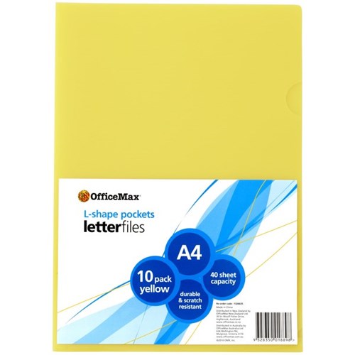 OfficeMax L-Shaped Pockets A4 Yellow, Pack of 10