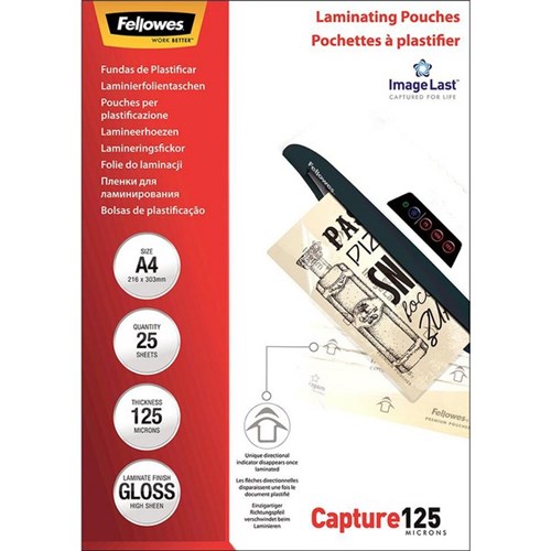 Fellowes A4 Laminating Pouches Gloss 125 Micron, Pack of 25