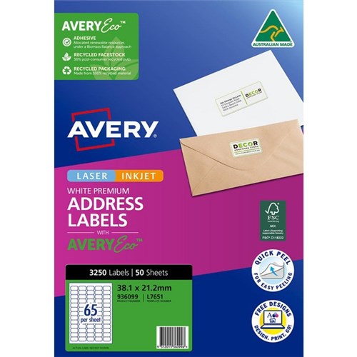 Avery Premium Address Labels with Avery Eco L7651 65 Per Sheet 50 Sheets