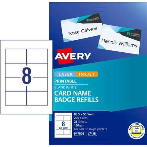 Avery Name Card Refill Laser Labels L7418 8 Per Sheet