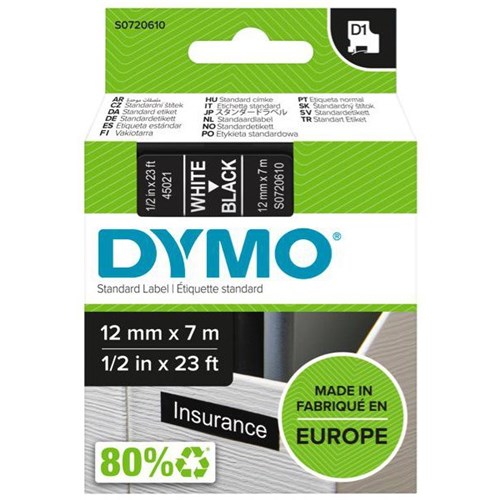 Dymo Labelling Tape Cassette LabelManager D1 45021 12mm x 7m White on Black