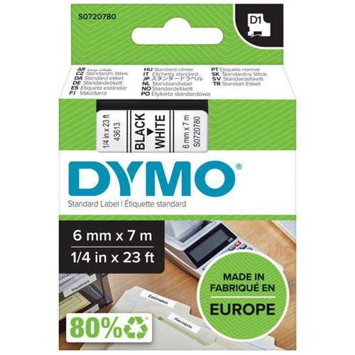 Dymo Labelling Tape Cassette LabelManager D1 43613 6mm x 7m Black on White