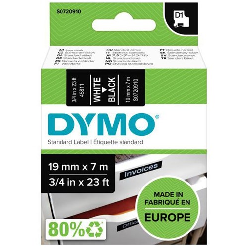 Dymo Labelling Tape Cassette LabelManager D1 45811 19mm x 7m White on Black