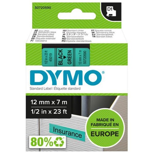 Dymo Labelling Tape Cassette LabelManager D1 45019 12mm x 7m Black on Green