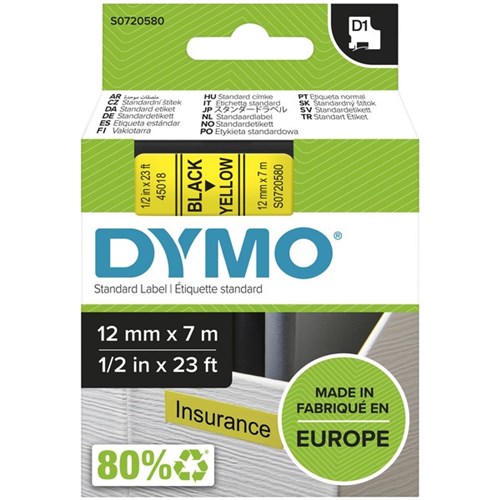 Dymo Labelling Tape Cassette LabelManager D1 45018 12mm x 7m Black on Yellow