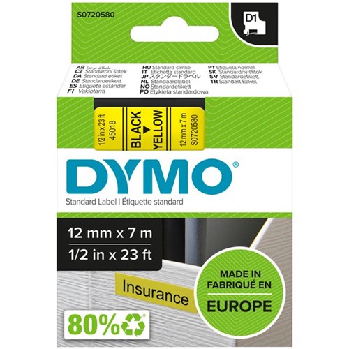 Dymo Labelling Tape Cassette LabelManager D1 45018 12mm x 7m Black on Yellow
