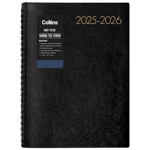 Collins Boston A53 Mid Year Diary A5 Week To View 1 July 2025 to 30 June 2026 Black