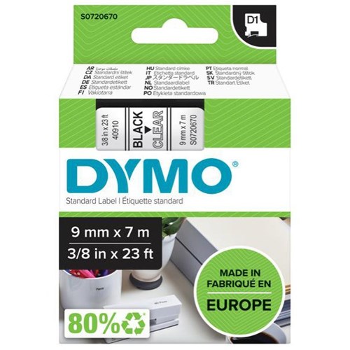 Dymo Labelling Tape Cassette LabelManager D1 40910 9mm x 7m Black on Clear
