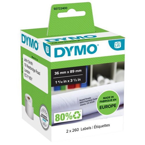 Dymo LabelWriter Address Labels Large 99012 36x89mm White, Box of 520