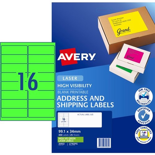 Avery High Visibility Shipping Laser Labels L7162FG Fluoro Green 16 Per Sheet