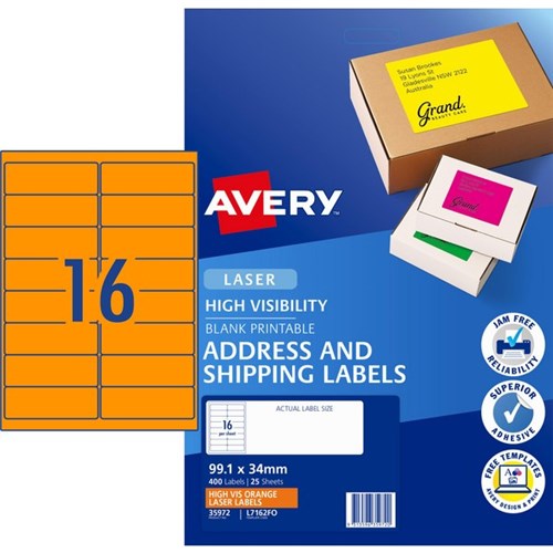 Avery High Visibility Shipping Laser Labels L7162FO Fluoro Orange 16 Per Sheet