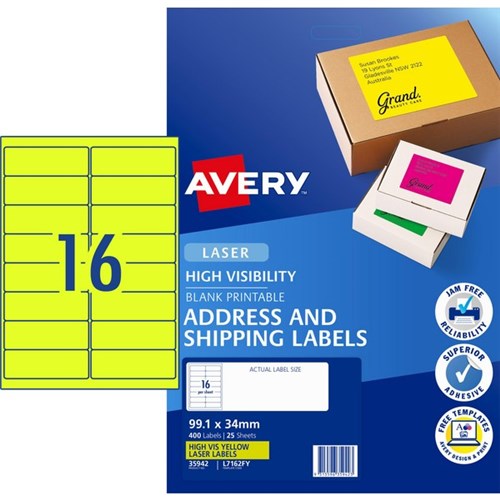 Avery High Visibility Shipping Laser Labels L7162FY Fluoro Yellow 16 Per Sheet
