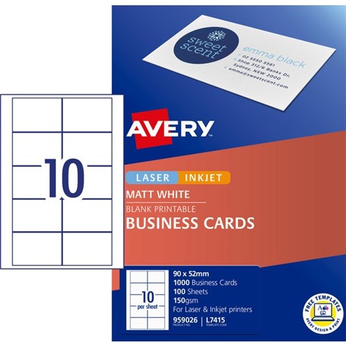 Avery Laser Inkjet Business Cards L7415 90 x 52mm 10 Per Sheet 1000 Cards