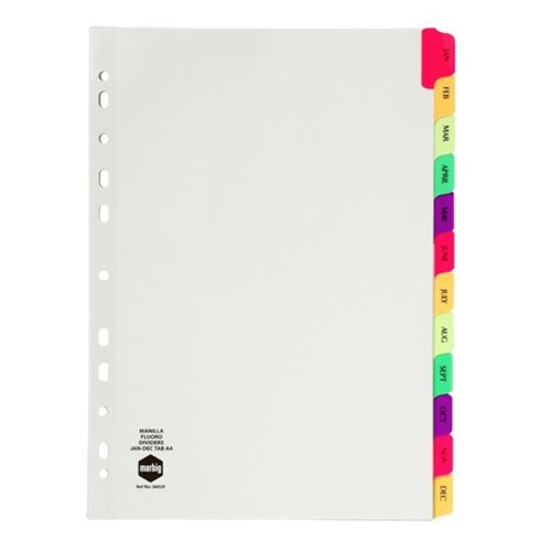 Marbig Index Dividers 12 Tab JanDec A4 Plastic Fluoro Colours