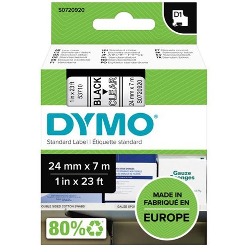 Dymo Labelling Tape Cassette LabelManager D1 53710 24mm x 7m Black on Clear