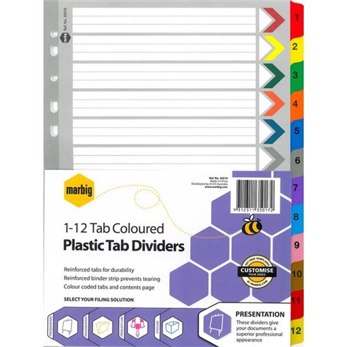 Marbig Index Dividers 12 Tab 1-12 A4 Cardboard/Plastic Coloured