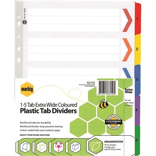 Marbig Index Dividers 5 Tab 1-5 Extra Wide A4 Cardboard/Plastic Coloured