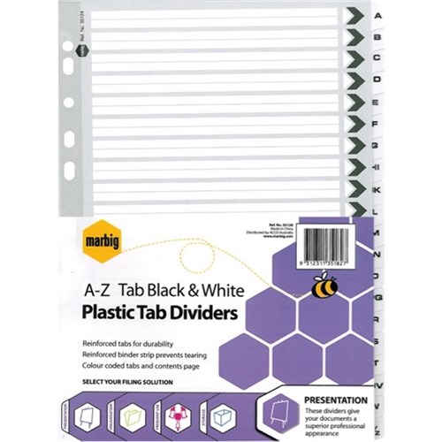 Marbig Index Dividers 26 Tab AZ A4 Plastic Black White & Grey