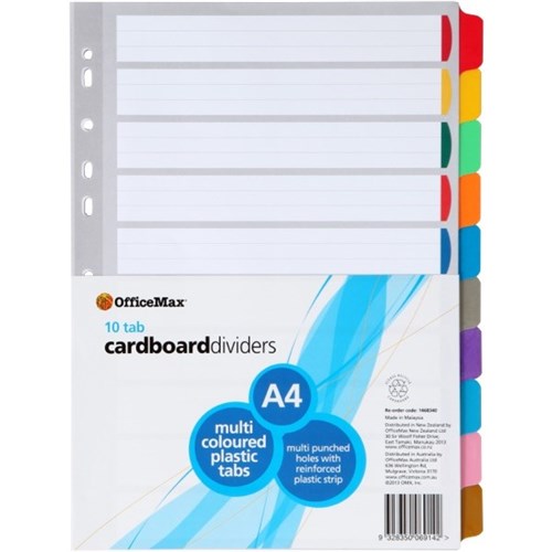 OfficeMax Index Dividers 10 Tab Reinforced A4 Cardboard Coloured