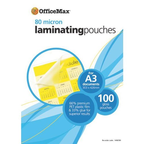 OfficeMax A3 Laminating Pouches Gloss 80 Micron, Pack of 100