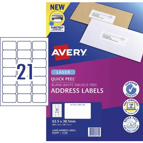 Avery Quick Peel Address Laser Labels L7160 White 21 Per Sheet