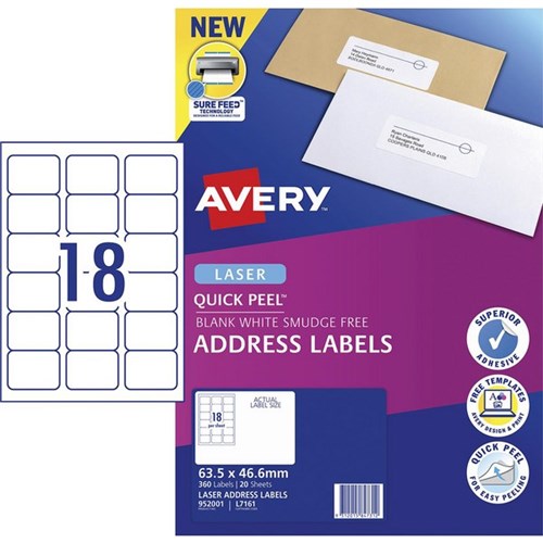 Avery Quick Peel Address Laser Labels L7161 White 18 Per Sheet