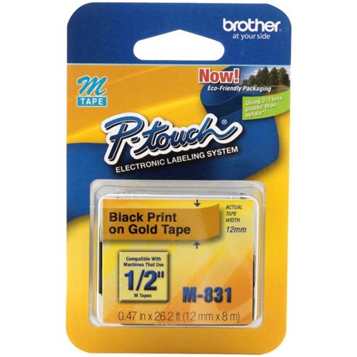 Brother Labelling Tape Cassette M-831 12mm x 8m Black on Gold 