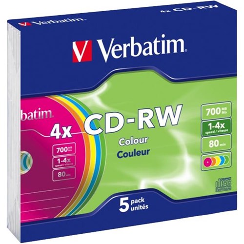 Verbatim CD-RW Rewritable Media 4X 80Min Slim Case, Pack of 5