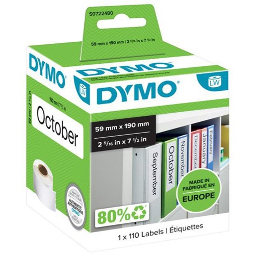 Dymo LabelWriter Lever Arch File Labels S0722480 59x190mm White, Box of 110