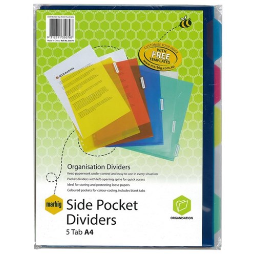 Marbig Index Dividers 5 Tab Side Opening Copysafe Pocket A4, Set of 5