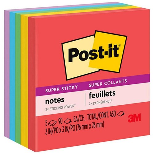 Post-it® Notes 654 Super Sticky 76x76mm Primaries, Pack of 5