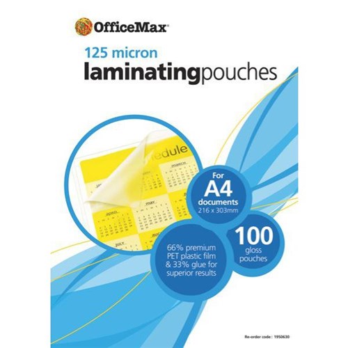 OfficeMax A4 Laminating Pouches Gloss 125 Micron, Pack of 100