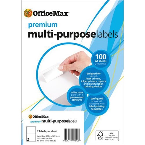 OfficeMax Premium Multi-Purpose Labels 199.6x143.5mm L7168 White 2 Per Sheet
