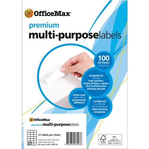 OfficeMax Premium Multi-Purpose Labels 63.5x38.1mm L7160 White 21 Per Sheet