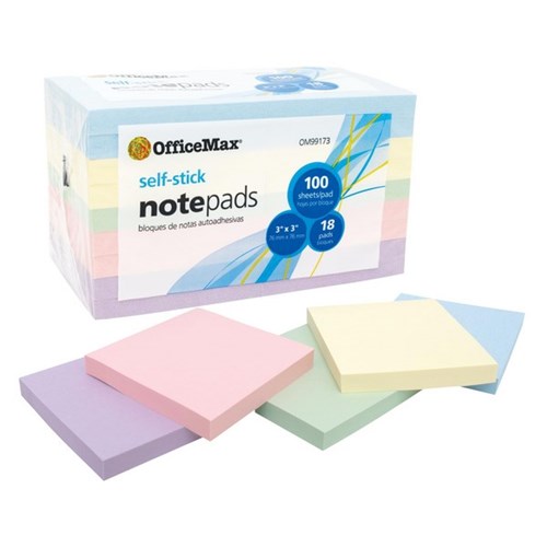 OfficeMax Self-Stick Notes 76x76mm Assorted Pastel Colours 100 Sheets, Pack of 18