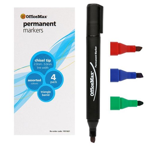 OfficeMax Assorted Colours Permanent Markers Chisel Tip, Pack of 4