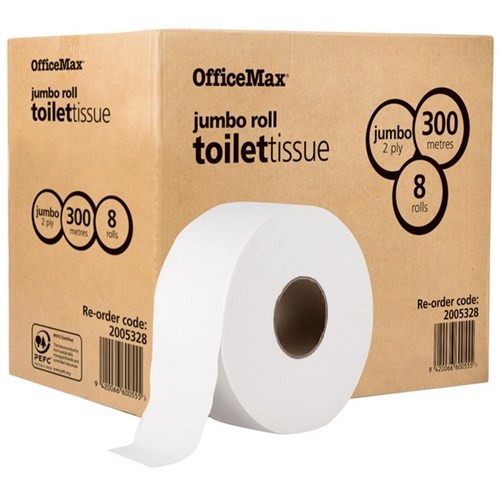 OfficeMax Toilet Tissue 2 Ply Jumbo 300m, Carton of 8 Rolls