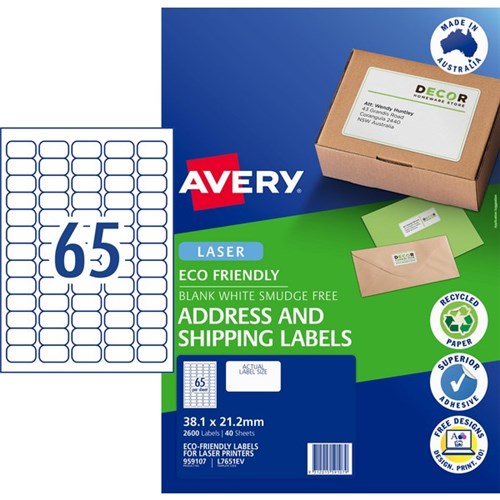 Avery Laser Eco Label L7651 65 Per Sheet 40 Sheets