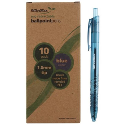 OfficeMax Eco Blue Retractable Ballpoint Pen 1.0mm Medium Tip, Box of 10
