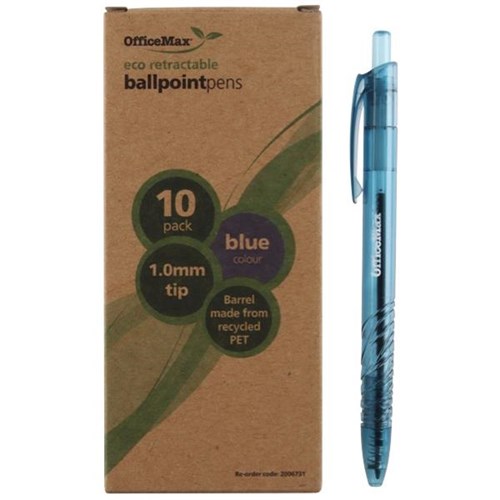 OfficeMax Eco Blue Retractable Ballpoint Pen 1.0mm Medium Tip, Box of 10