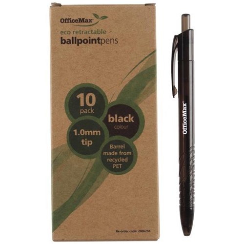 OfficeMax Eco Black Retractable Ballpoint Pen 1.0mm Medium Tip, Box of 10